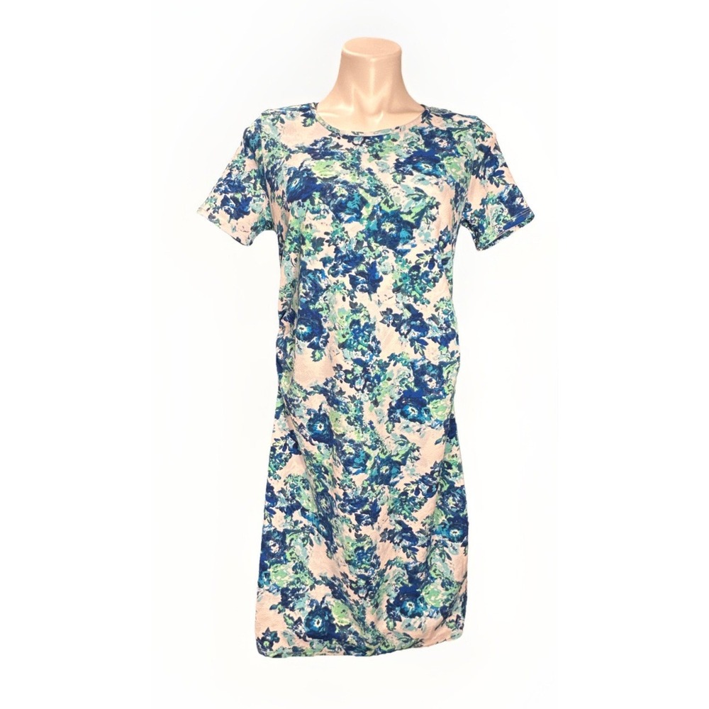 Pink Blush Large Maternity Friendly Blue Floral Short Sleeve Sheath Midi Dress‎